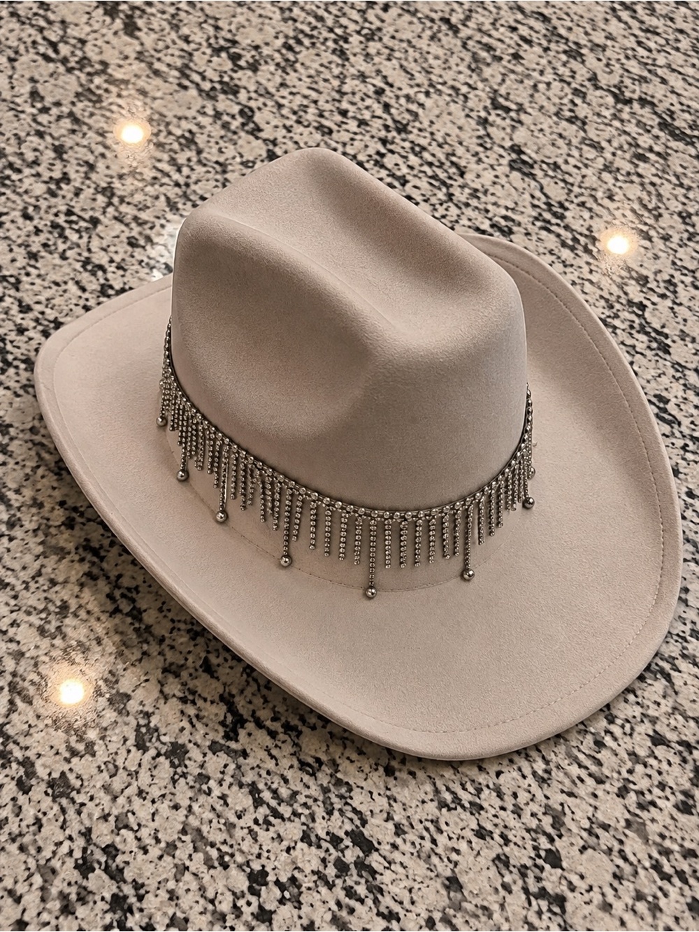 Altar'd State Taupe Felt Cowboy Hat with Metallic Fringe